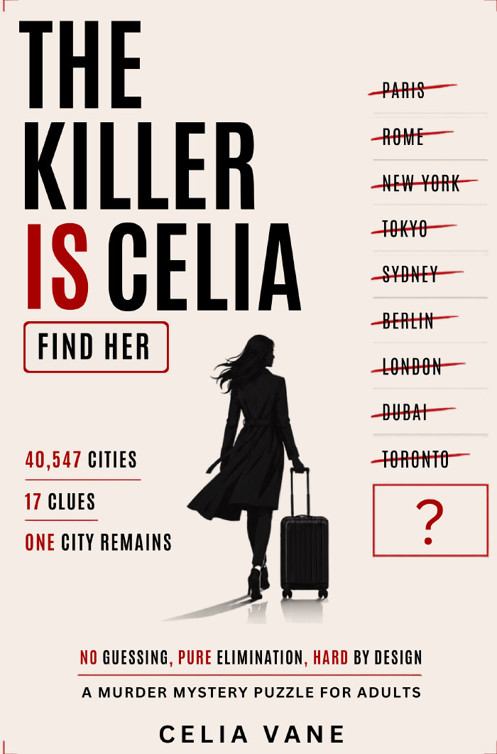 The Killer Is Celia by Celia Vane — book cover: a woman walking away with a suitcase, beside a list of world cities struck out one by one and a final blank marked with a question mark.